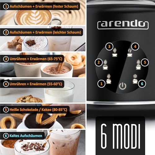 Arendo – Milchaufschäumer elektrisch – 500 ml – 6 Automatikprogramme – Milchschaum für heiß und kalt – 2 Einsätze – Milchschäumer für Cappuccino Latte Macchiato heiße Schokolade – Bild 3