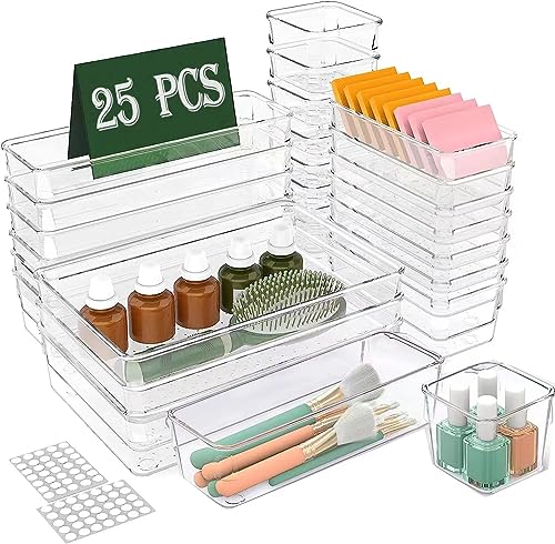 25 PCS Clear Plastic Drawer Organizer Set,4-Sizes Bathroom Vanity Drawer Organizer Trays and Dresser Desk Drawer Dividers,Versatile Storage Bins for Makeup,Kitchen Utensils,Bedroom,Office