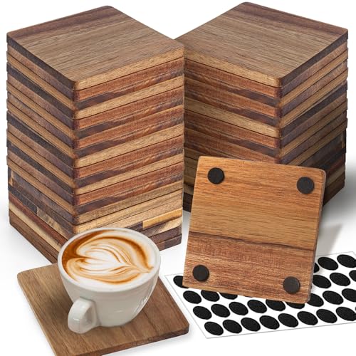 48 Pieces Unfinished Wood Coasters 4 Inch Square Acacia Wooden Coasters for Crafts with Non-Slip Silicon Dots for DIY Stained Painting Wood Engraving Home Decoration
