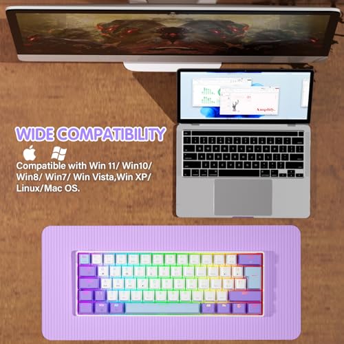 ZIYOULANG MK21 Klawiatura Mechaniczna do Gier, 60% Kompaktowy Layout UK, Mini Przewodowa Klawiatura 61 Przycisków z Hot-Swap, RGB Lighting, Anti-Ghosting, Czerwony Switchiem dla PC, MAC - Fioletowy