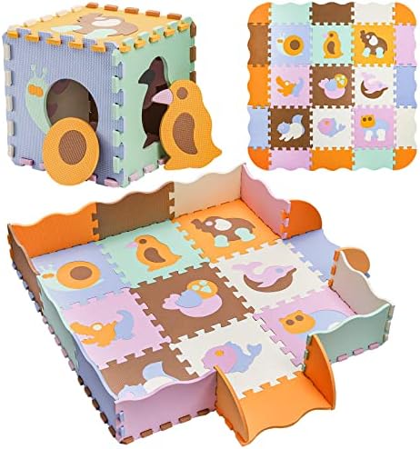 SOUJOY 25 Pieces Play Mat with Fence, 0.39″ Thick Crawling Mat, Interlocking Foam Floor Tiles with 9 Patterns, Large Puzzle Playmat for Kids Room Decor