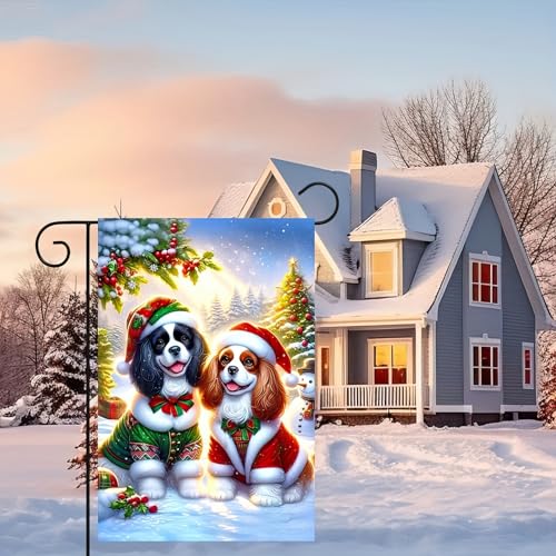 Image of BlissYard Christmas King Charles Dogs Garden Flag 12x18 Inch Polyester | Double sided polyester, Christmas king charles puppies santa hats design, dog lover decor for porch and yard