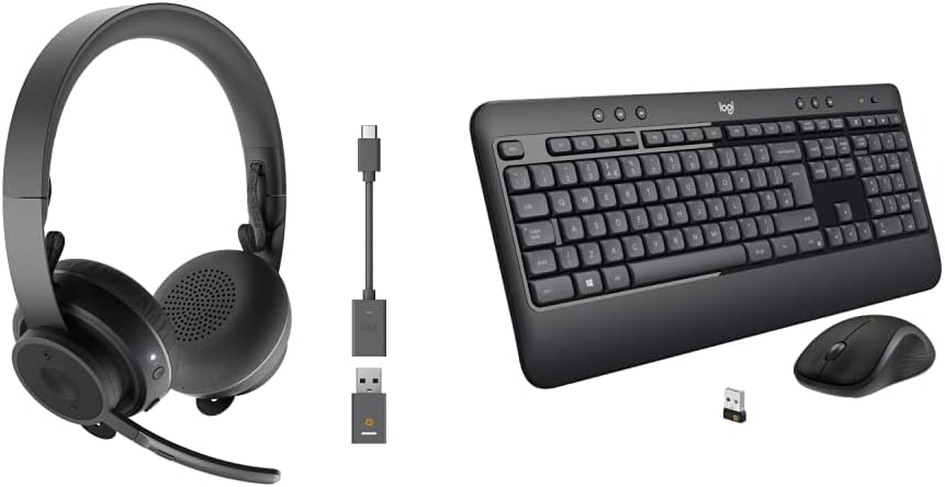 Logitech Zone 900 Over-Ear Wireless Bluetooth Headset with advanced noise-cancelling microphone & MK540 Advanced Wireless Keyboard and Mouse Combo, 2.4 GHz Unifying USB-Receiver, Black