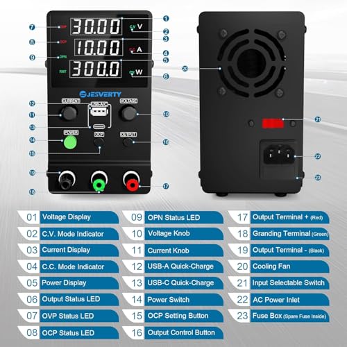 Image of DC Power Supply Variable, 0-30V 0-10A Adjustable Switching DC Regulated Bench Power Supply with USB & Type-C Quick-Charge, Encoder Knob, Output On /Off Switch, 4-Digit LED Display - SPS-3010M