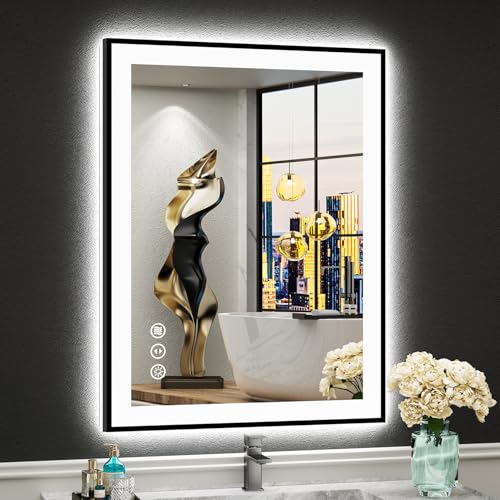Image of 24x32 Black Framed LED Bathroom Mirror with Lights, Backlit and Front Lit Anti-Fog Lighted Vanity Mirror for Bathroom Wall, Dimmable, 3 Colors, Memory, Shatter-Proof, HD Tempered Glass, CRI 95