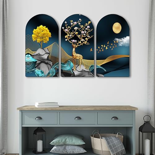 Image of Livin'luxe Golden Deer Wall Art 3 Panel Set | Moonlight Tree and Flying Birds Modern Painting on MDF | Luxury Blue & Gold Wall Decor for Living Room Bedroom Office Hallway (30 x 50 Inch) RPNL-82
