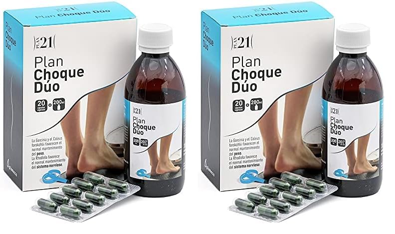 PLAMECA - Plan 21 Choque Dúo, para el Control de Peso y el Sistema Nervioso, Con Garcinia, Coleus Forskohlii y Rhodiola, para Inicio de Entrenamiento o Estancamiento - 20 Cápsulas Vegetales + 200 ml