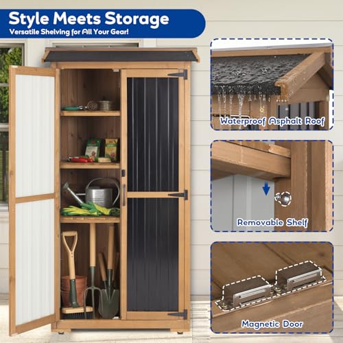 Image of Outdoor Storage Cabinet Weather-Resistant, Wood & Metal Storage Shed with 3 Removable Shelves, Waterproof Roof, Adjustable Feet, Patio Storage Cabinet Outside for Garden Garage Backyard Pool
