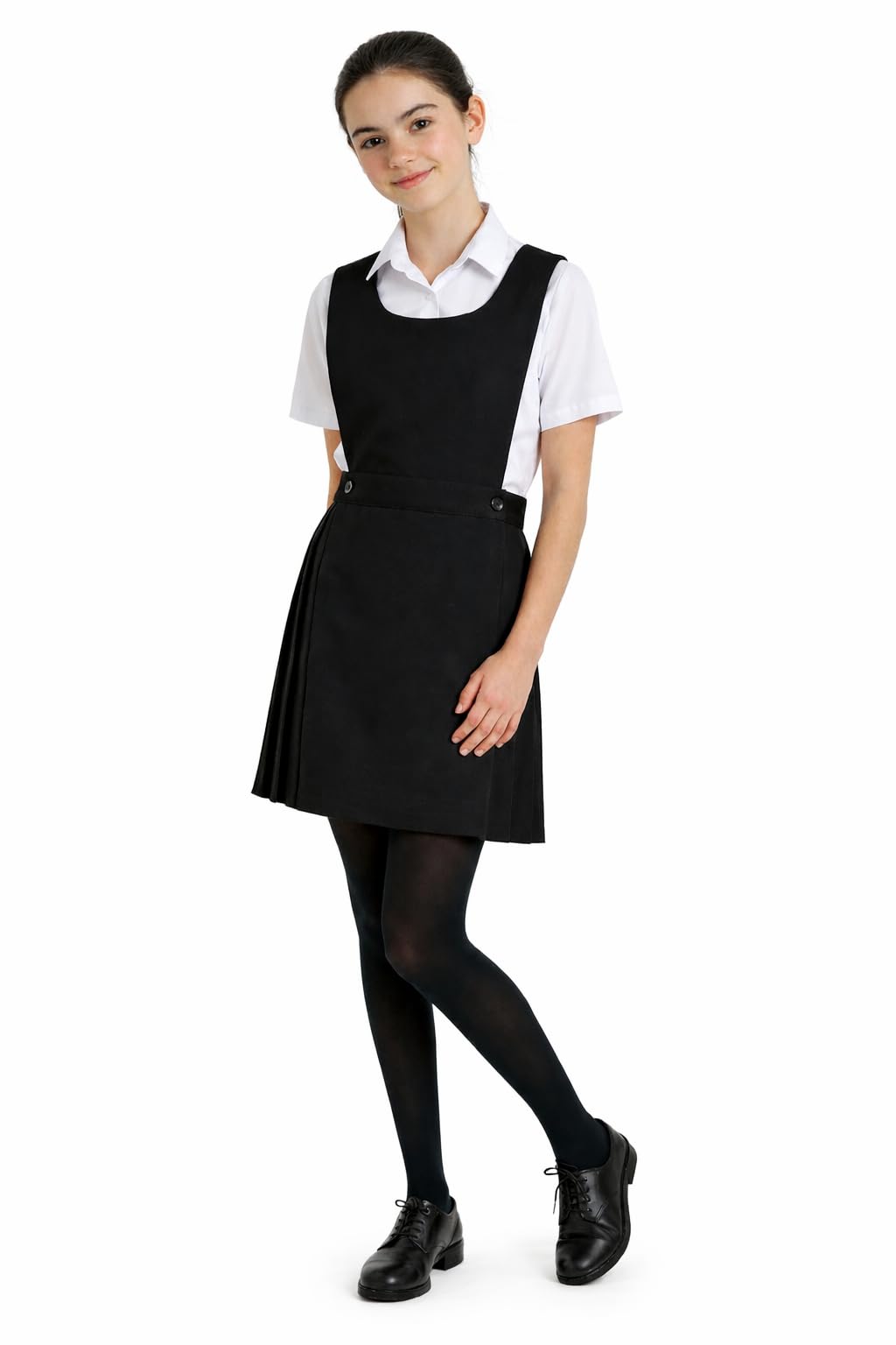 Insafians Girls Black Classic Sleevless Pinafore Dress With Bottom Pleated Skirt | Two Front Buttons School Bib Uniform(Blk 11/12)