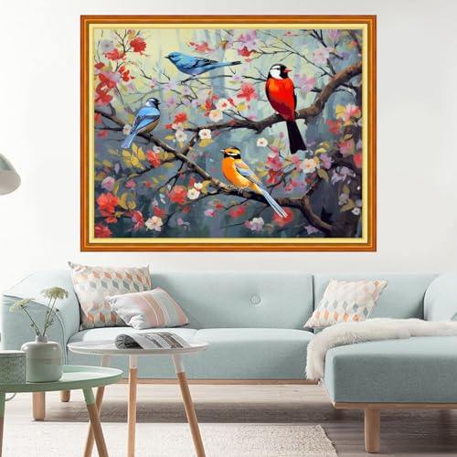 Image of Dimxvean Stamped Cross Stitch Kits,Cross Stitch Kits for Adults Beginners,Embroidery Kits Full Range of Cross Stitch Stamped Kits Needlepoint Kits Cross Stitch Patterns-Birds on Trees 16x20 inch