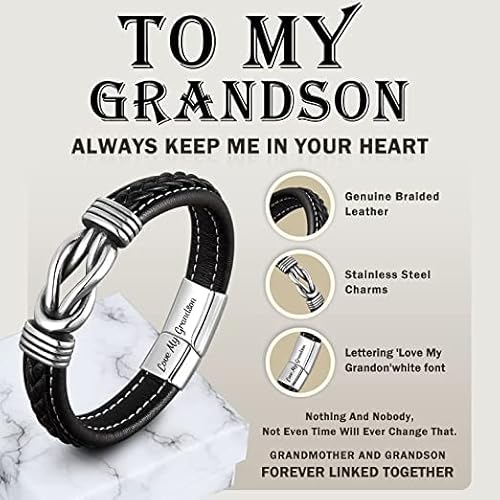 Bgzhbv To My Grandson Leather Bracelet -Grandmother And Grandson Forever Linked Together, Men's Stainless Braided Leather Bracelet,Best Graduation Birthday Gifts For Grandson #TOP1