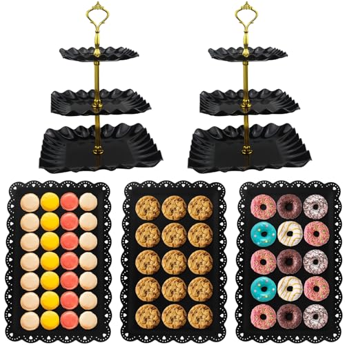5 Pcs Dessert Table Display Set, Cup Cake Stands Set with 2X Cupcake Tier Stand Holder & 3X Appetizer Serving Trays Combo for Birthday Wedding Tea Party Baby Shower (Black, Wave Square)