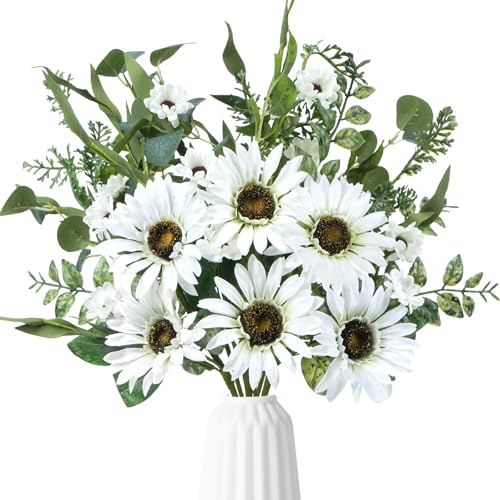 Artificial Chrysanthemum Flowers Picks - 6pcs White Wildflower Gerbera Daisy Bouquet Sympathy Sunflowers for Cemetery Grave; Silk Stems Spring Floral Decor for Wedding Home Table Centerpiece Vase