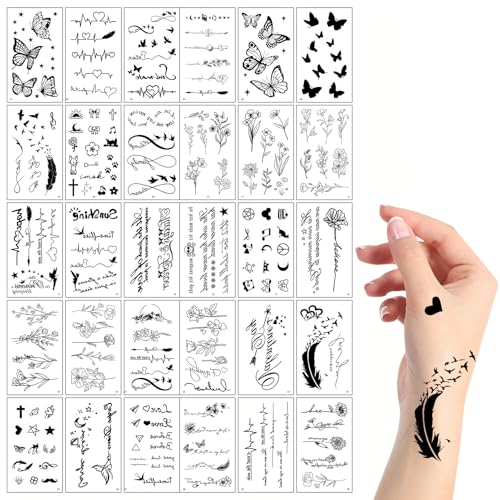 Pegatinas de tatuaje, 30 hojas de tatuajes falsos, tatuajes temporales, para adultos y niños, pegatinas de tatuaje 3D impermeables, incluye mariposas, flores, amor, para hombres y mujeres