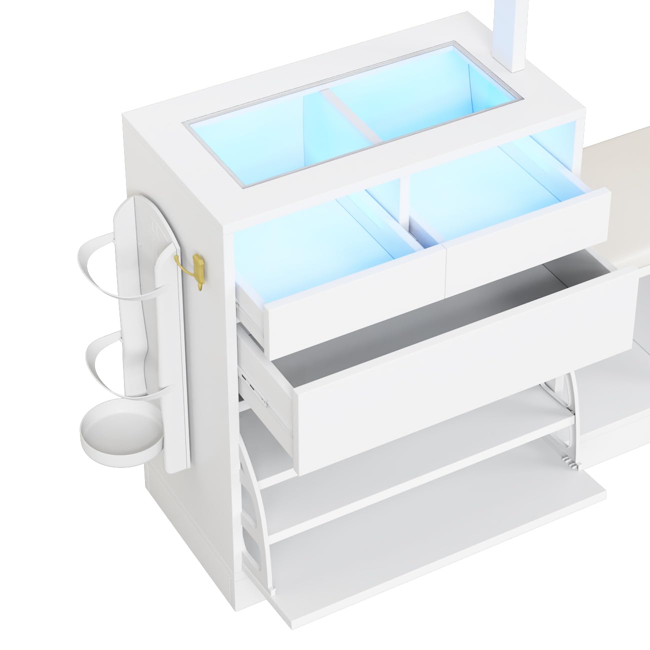 Azkoeesy Set appendiabiti multifunzionale con luce LED, 6 in 1, bianco, moderna combinazione di ingresso con scarpiera | panca imbottita | vetrina in vetro | specchio in vetro | asta appendiabiti |