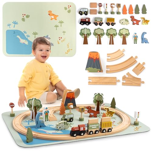 Mamabrum Ferrocarril de madera Dino Park con volcán y alfombrilla antideslizante - tren, vías, dinosaurios, auto, letreros - kit prehistórico de 65 x 48 cm para niños 3+