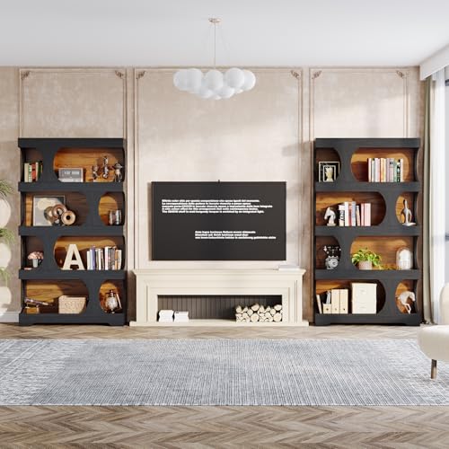 Image of Tribesigns 71 inch Tall Bookcase Set of 2, 4-Tier S-Shaped Bookshelf, Wood Decorative Storage Shelving, Modern Freestanding Display Shelves, Large Library Bookshelf Unit for Home Office, Black & Brown
