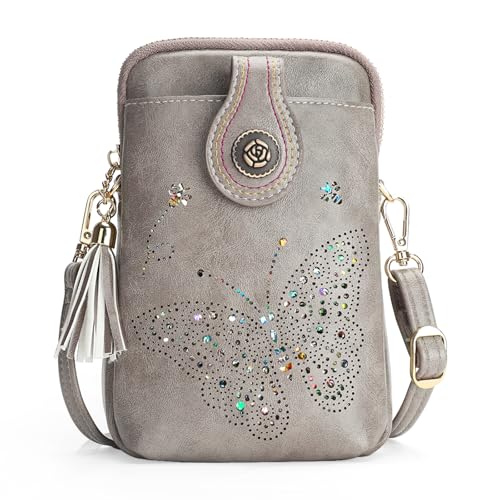 Image of KITEVIUN Small Crossbody Bags for Women, Lightweight Mini Cute Cell Phone Purse for Women with Tassel Shining Butterfly, 04-gray