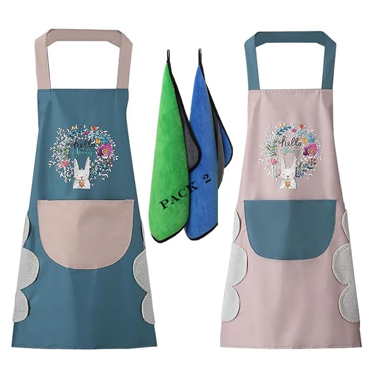 Finalize 2Pcs Waterproof Kitchen Apron with Pocket & Side Hand-Wiping Towel – Adjustable Cooking Aprons for Women & Men for Home, Baking, Cleaning-Free Size, Random Color