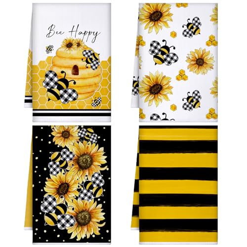 Tegeme 4 Pcs Summer Bee Kitchen Tea Towels Honeycomb, Yellow, Sunflower