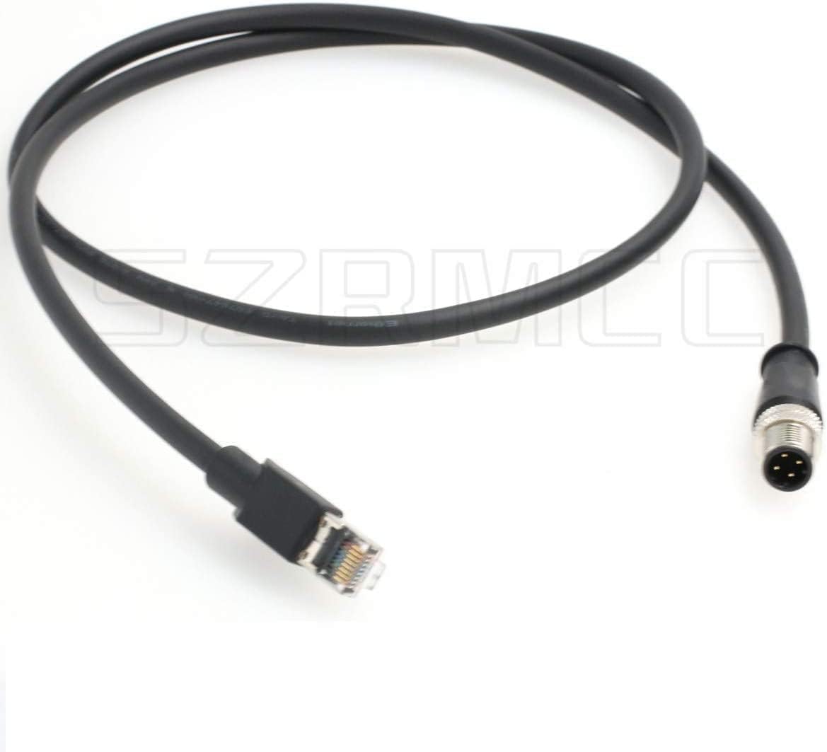 SZRMCC M12 Ethernet-Kabel, D-Code, 4-poliger Stecker auf RJ45-Stecker, High Flex Cat5e, geschirmt, wasserdicht, Netzwerkkabel für Industriekamerasensor (2 m, Schwarz)
