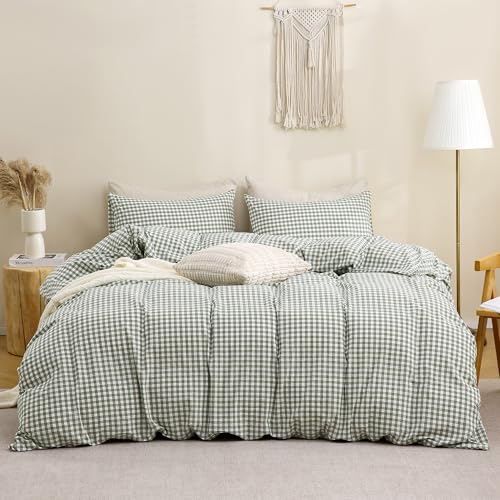Image of TOCOMOA Green Gingham Duvet Cover Bedding Set 100% Washed Cotton Like Linen Feel Super Soft Comfortable 3 Piece Vintage Plaid Checkered Comforter Cover Set (Queen 90 inchx90 inch, Comforter Not Included)