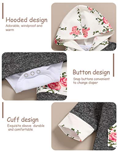 Image of Baby Girls Long Sleeve Flowers Hoodie Tops and Pants Outfit with Kangaroo Pocket Headband