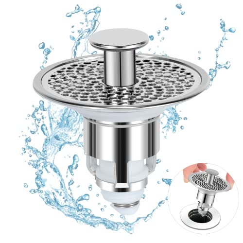 NileHome Bathroom Sink Stopper Anti Clog Pop Up Drain Stopper Vanity Vessel Sink with Strainer Basket Hair Catcher Launcher Spring Core Applicable to 34-37mm Caliber Sink Drain,Silver