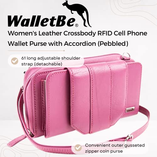 Women's Wallet RFID Cell Phone Purse Leather Crossbody with Accordion Pebbled Pink Rose Grenadine2