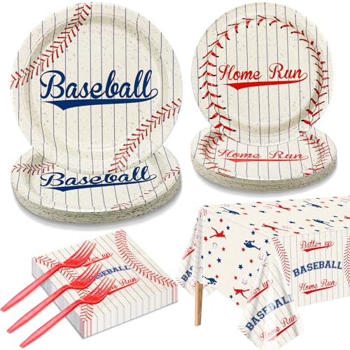 Baseball Party Supplies for 20 Guests - Home Run Plates, Napkins, Forks, Batter Up Tablecloth for Kids Boys Sports Theme Birthday Decorations, Event Game Day Party Decor