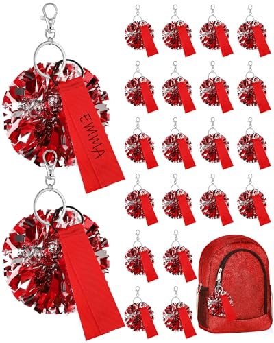 Nosiny 20 Sets Cheerleader Gifts Bulk 20 Cheer Pom Pom Keychains 20 Sublimation Name Tags Cheerleading Charm for Backpack(Red Silver)