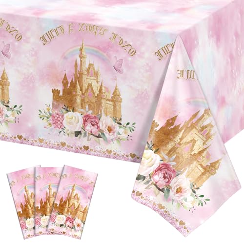 3 Pack Princess Tablecloths, Disposable Pink Rose Castle Themed Table Cloth