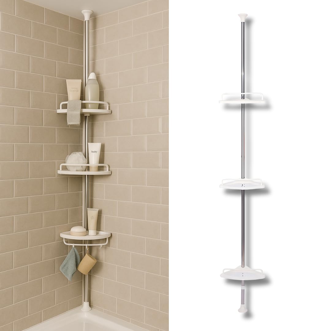 Telescopic Shower Caddy with Tension Pole, 3-Tier Corner Bathroom Organizer, Rust-Resistant Adjustable 100–240cm, White Shelves with Hooks, No-Drill Twist-Lock Storage for Toiletries