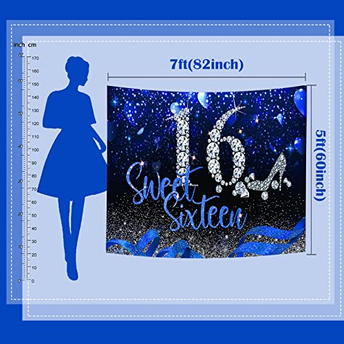 Image of Mocsicka Blue Silver Sweet 16th Birthday Backdrop 7x5ft (82x60 inch) Vinyl Material Blue Heart Diamonds Background Party Banner Decoration