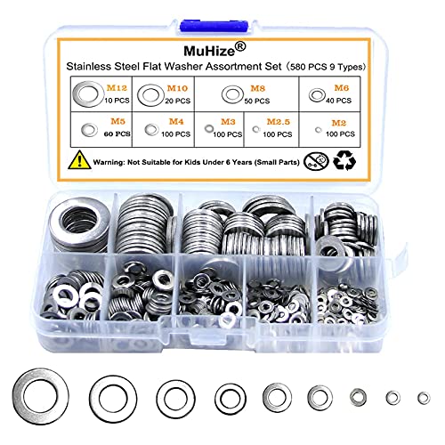 MuHize 580PCS Washer Assortment - Upgraded 304 Stainless Steel Washers Assortment(2023 New), Stainless Washer Assortment 9 Sizes(M2 M2.5 M3 M4 M5 M6 M8 M10 M12), Stainless Washers Assortment Kit
