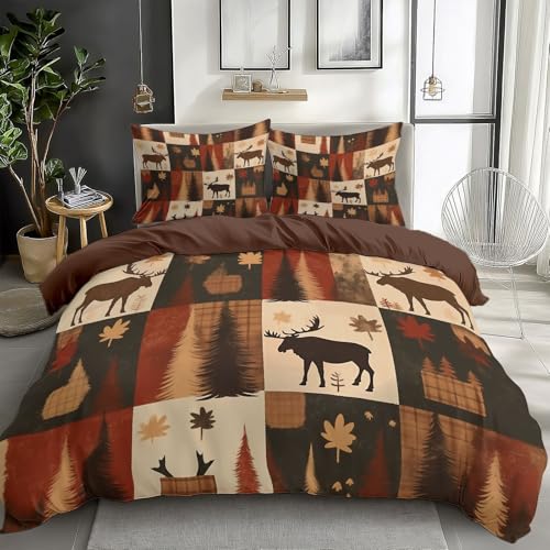 Camel Bedding Sets Forest Moose Patchwork Pattern Print Duvet Cover Set, Comforter Cover Full Size Soft Breathable Reversible 3-Piece Bedding for Kids Teens