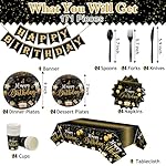 Vesici 171 Pcs Happy Birthday Party Supplies 24 Set Disposable Party Tableware include Plates Cups Napkins Cutlery and Banner Tablecloth Birthday Dinner Decorations for Men Woman(Black, Gold) - Image 3