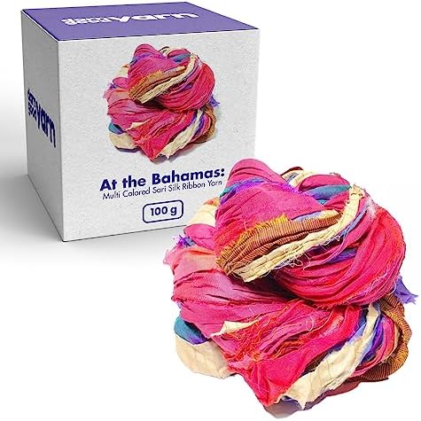 DARN GOOD YARN Recycled Sari Silk Ribbon Yarn “at The Bahamas” Dyeable 100 Grams, 50 Yards, 1 Skein Handmade one of a Kind