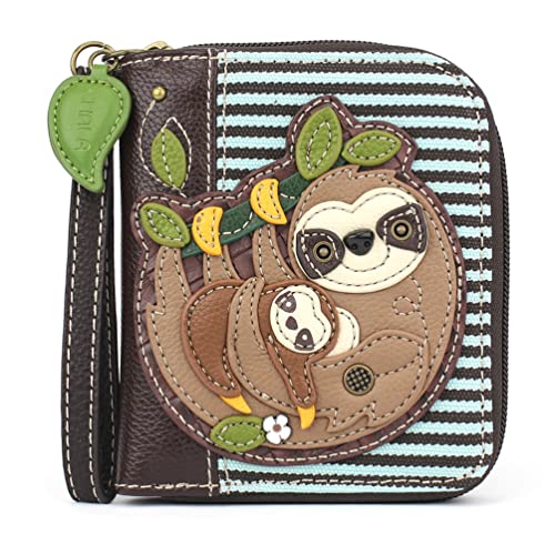 Image of CHALA Zip Around Wallet, Wristlet, 8 Credit Card Slots, Sturdy Pu Leather - Sloth Family - Blue Stripe