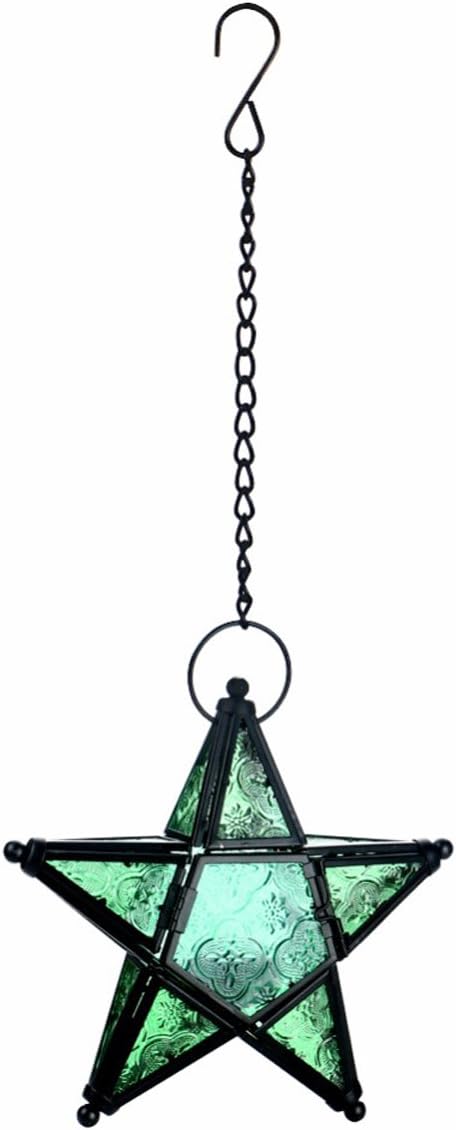Morocco Metal Star Glass Lantern Wall Hanging Candle Holder for Decorative Wedding Party Home Decoration Birthday Party (Yellow)