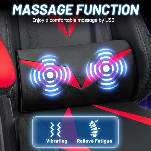 HOFFREE Gaming Chair Massage with Bluetooth Speakers and Led Lights Ergonomic Computer Gaming Chair with Footrest RGB Video Game Chair with High Back Lumbar Support Red and Black — view 6