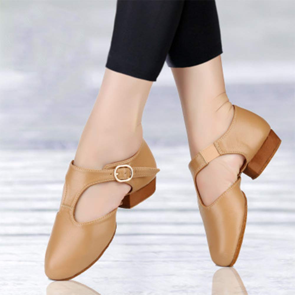 JUODVMP Zapatos de Danza Moderna Jazz para Mujer,Cómodo Ponerse Cuero Fino Zapatillas de Danza de Jazz de Práctica,Modello JS359