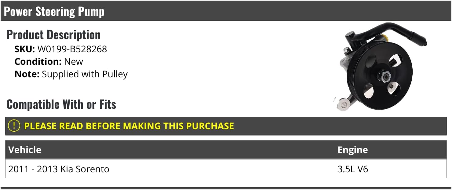 Power Steering Pump with Pulley - Compatible with 2011-2013 Kia Sorento 3.5L V6