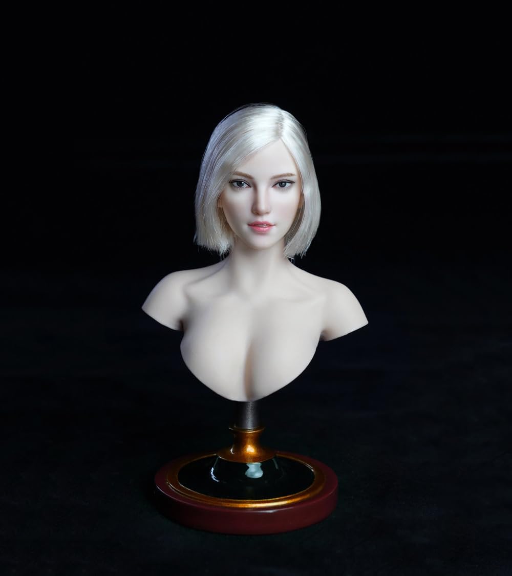Fremego 1/6 Scale Female Head Sculpt, Asian Girl Pale Skin Head Carved Carving for 12inch PH TBL JO Worldbox Action Figure (White Hair)
