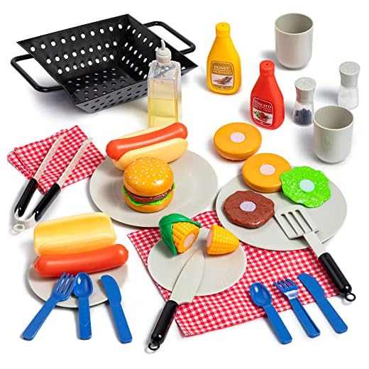 Play-Act 27 PCS Kids BBQ Grill Playset Backyard Barbecue Play Grill Toy Set for Toddlers,Play Food Sets for Kids Kitchen