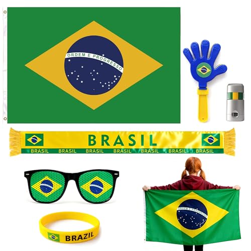 Brazil 2026 World Cup Fan Kit 6 Pcs Cheering Set for Game Day Watch Party Flag Fan Scarf Wristband Flag Glasses Hand Clapper Blendable Face Paint Sticks