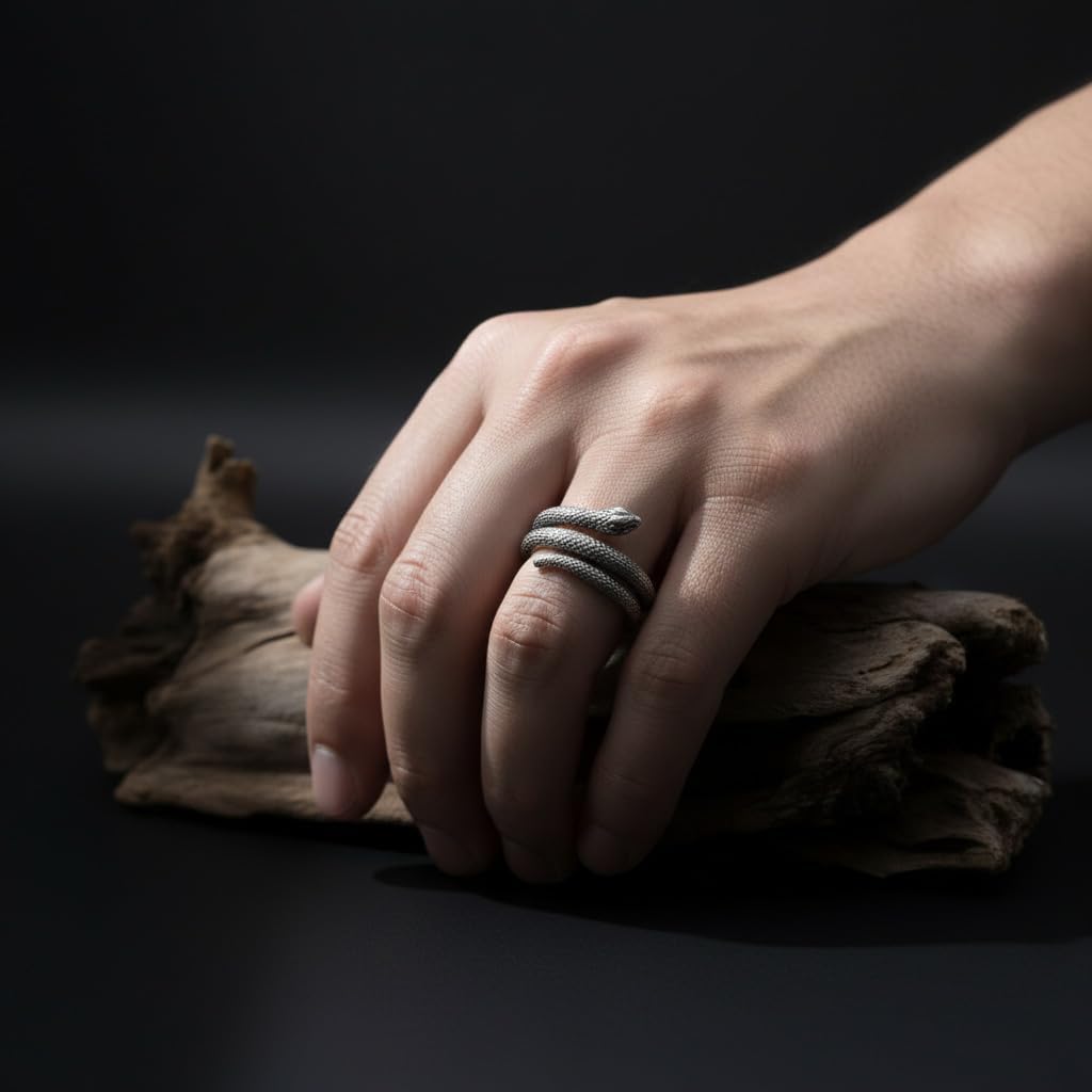 David Black Solid 925 Sterling Silver Adjustable Snake Ring for Women – Textured Serpent Wrap Open Ring, Vintage Boho Gothic Jewelry, Fashion Statement Reptile Ring