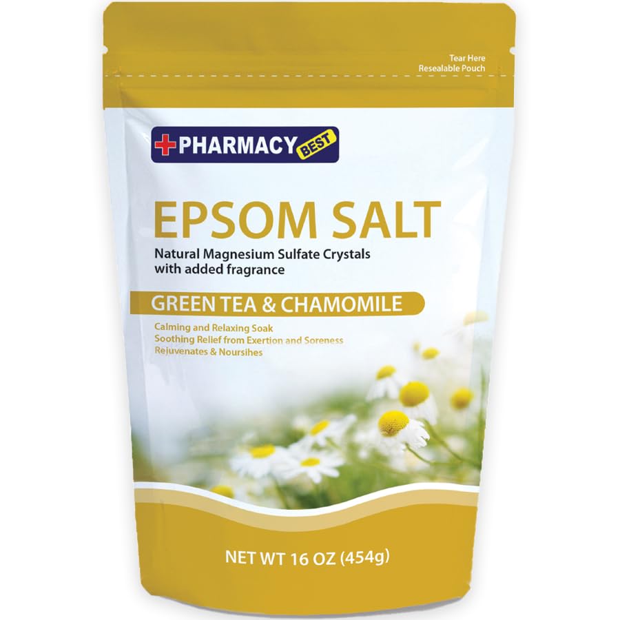 Epsom Salt for Stubborn Foot Odor, Athletes Foot Burning & Itching, Damaged Discolored Nails-A Natural Callus 16 Ounces (Green & Chamomile, Pack of 2)