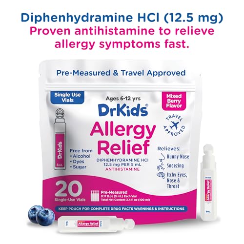 Image of Dr. Kids Children's Allergy Relief Medicine with Diphenhydramine HCl 12.5 mg - Pre-Measured Single-Use Vials, Kids Antihistamine for Sneezing, Runny Nose & Itchy Eyes, Mixed Berry Flavor, 20 Count