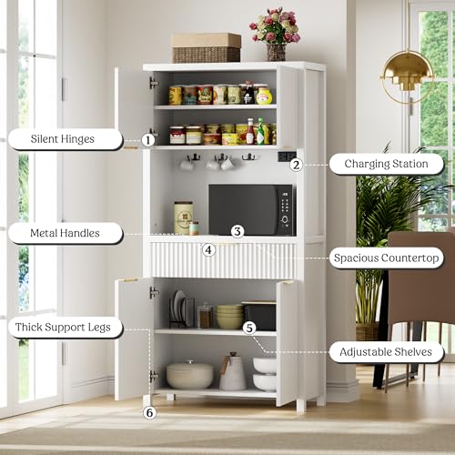 Image of Lulive White Fluted Pantry Cabinet with Charging Station, Adjustable Shelves, Spacious Kitchen Storage Organizer with Open Countertop, Kitchen Hutch with Storage Drawers for Dining & Living Room | Adjustable Shelves, Open Countertop, Drawer, Spacious Kitchen Storage